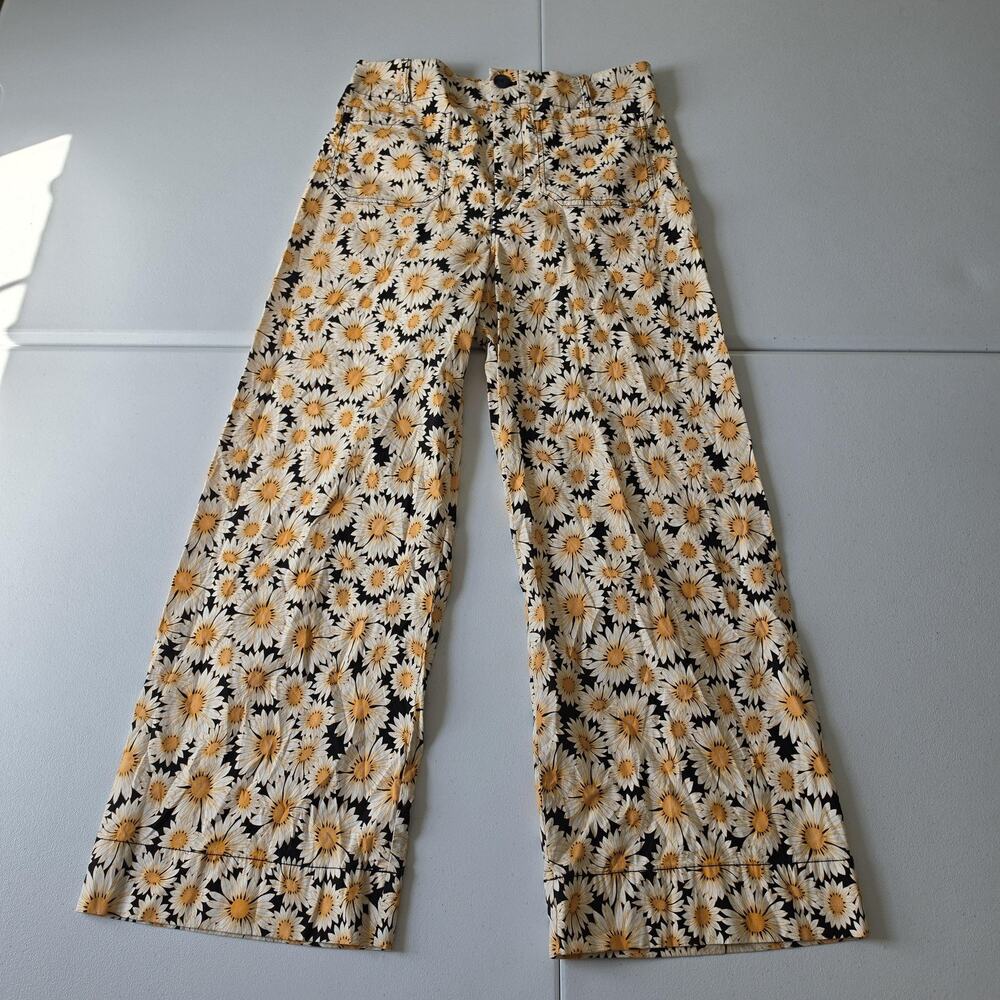 Maeve Anthropologie Colette Pants Womens 32 Tall Yellow Daisy Floral Wide Leg